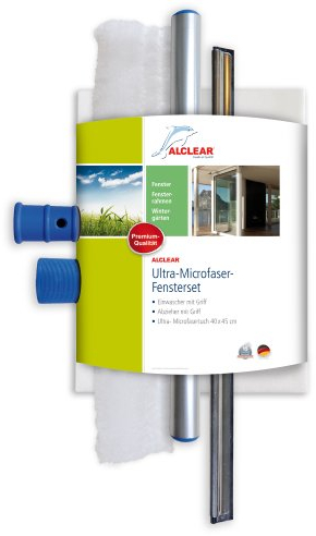 ALCLEAR 960008 Profi Fensterset mit Mikrofaser Fensterreiniger und Fenster Kombi Abzieher 35 cm, Microfaser Reiniger Fenstertuch, 3-teiliges Scheiben & Fensterwischer Set