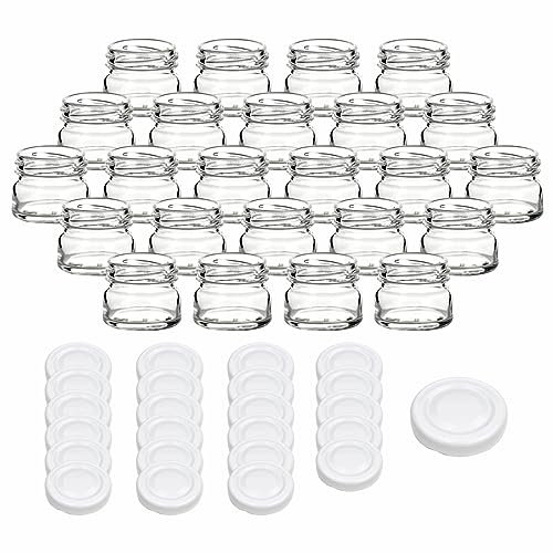 gouveo Lot de 24 bocaux de conservation 30 ml mini avec couvercle à vis blanc - mini bocaux de conservation avec bouchon à vis TO43 - bocaux ronds pour conserver, pour confiture, épices (EGR030W)