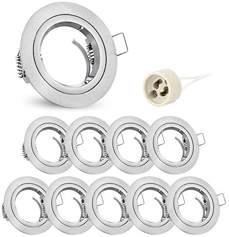 linovum 10x Einbaustrahler Rahmen Set - Einbaurahmen rund Edelstahl Optik gebürstet starr inkl. GU10 Fassung für LED, Halogen