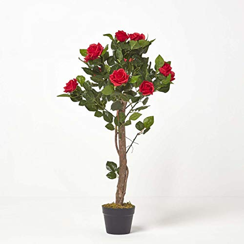 HOMESCAPES 3 ft Red Artificial Rose Tree Lifelike Red Petals and Leaves Indoor Artificial Plant and Tree for Weddings