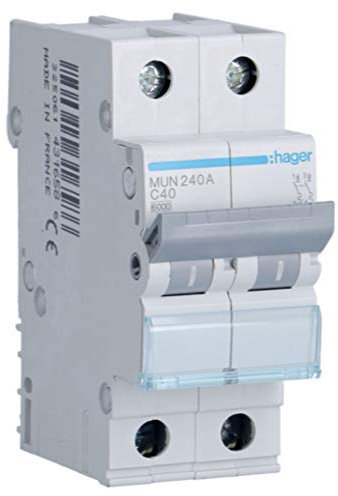 Hager MUN240A Interruptor Automático Magnetotérmico Serie MU, 2P, 40A, curva C, 6KA, Color Blanco