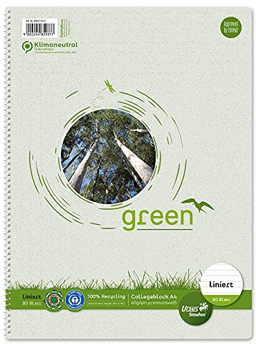 Staufen Green Collegeblock - DIN A4, 9mm liniert, 80 Blatt, 4-fach Lochung, premiumweißes 60g/m² Recyclingpapier, 1 Stück