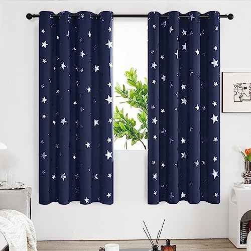 Deconovo Gardinen Wohnzimmer Modern, Lärmschutz Vorhänge, Blickdichter Vorhang mit Ösen, 175x140 cm(HöhexBreite), Dunkelblau, 2er Set