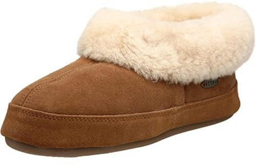 Acorn Women's Sheepskin Indoor/Outdoor Bootie Slippers - Genuine Suede, Memory Foam, Moisture-Wicking & Non-Slip House Shoes, Walnut, 8