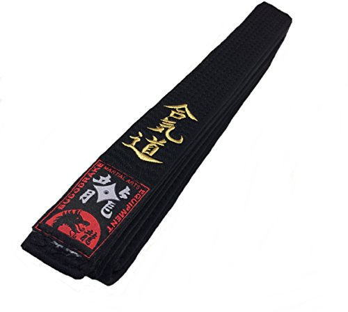 Budodrake Schwarzer Gürtel Bestickt Aikido, Schwarzgurt mit Goldener Schriftzeichen Bestickung (350)