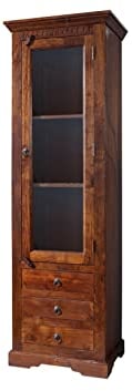 MASSIVMOEBEL24.DE Oxford Vitrine Akazie 60x44x190, Farbe:Dunkelbraun lackiert, Größe:60x44x190 cm (BxTxH)