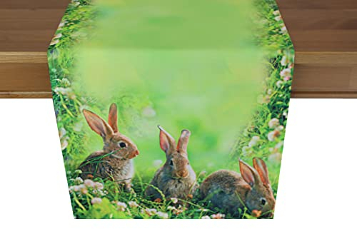 KAMACA Tischläufer 40x140 Hasen Trio Ostertischläufer quadratisch Frühlingstischläufer mit Hasen abwaschbar, pflegeleicht – für Küche, Esstisch, Wohnzimmer, Frühling Ostern (40x140cm Hasen Trio)