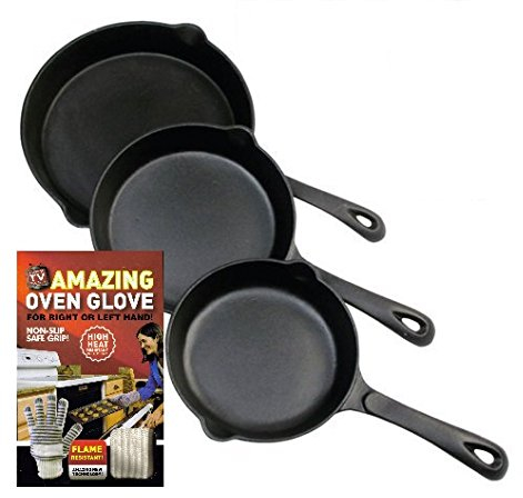 Vintage Gourmet (TM) Cast Iron Set of 3 Pre-Seasoned Skillet Frying Pans