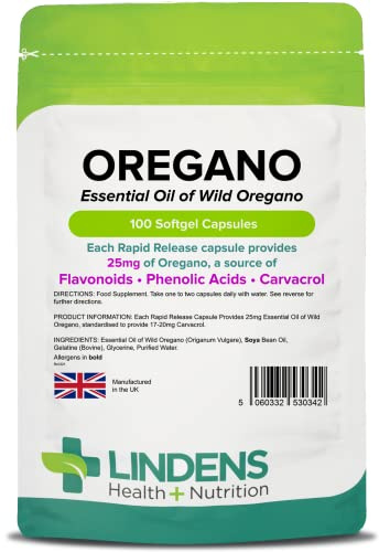 Lindens Oregano Oil 25mg - 100 Capsules - UK Made - Natural Source of Phenolic Acids and Flavonoids - Origanum Vulgare - Easy Swallow & Rapid Release - 3+ Months Supply - GMP & Letterbox Friendly