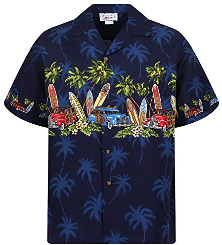 Pacific Legend Original Hawaiihemd, Kurzarm, Surfbretter Autos Brust-Print, Schwarz, 4XL