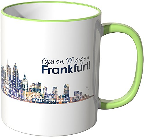 WANDKINGS® Tasse, Schriftzug Guten Morgen Frankfurt! mit Skyline bei Nacht - HELLGRÜN