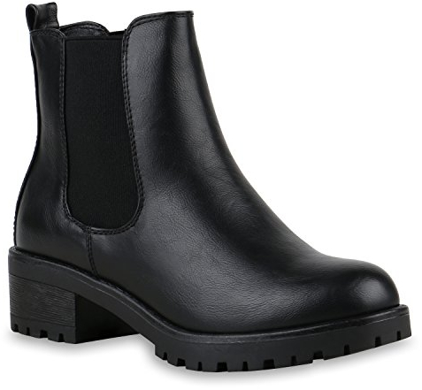 Stiefeletten Damen Chelsea Boots Profilsohle Blockabsatz Leder-Optik Booties Schuhe 122863 Schwarz 39 Flandell