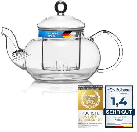 Mundgeblasene Teekanne mit Teefilter & Teesieb Kanne mit Filtereinsatz aus Glas von Dimono; 600 ml perfekt für Teeblumen