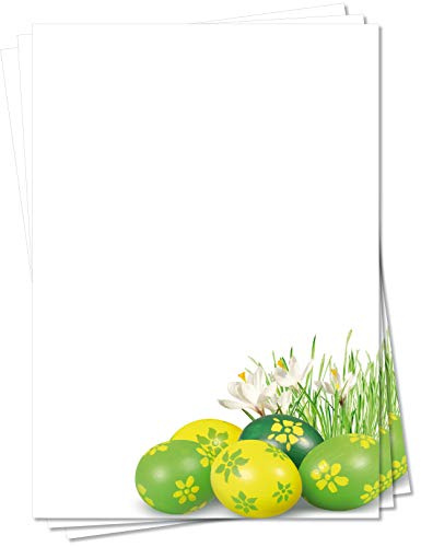 Motiv Briefpapier (Ostern-5149, DIN A4, 100 Blatt). Einseitig bedrucktes Briefpapier, sehr gut beschreibbar, für alle Drucker/Kopierer geeignet, Motivpapier mit Ostereiern und weißen Krokussen Eier gelb grün