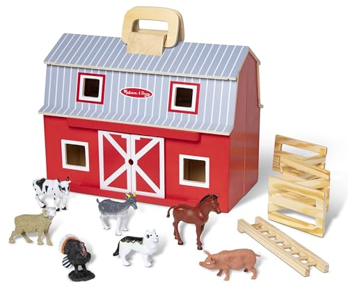 Melissa & Doug - Holzscheune zum Falten und Mitnehmen- mit 7 Tierfiguren, 28,5 cm hoch x 34 cm breit x 12 cm lang, für Kinder ab 3 Jahren