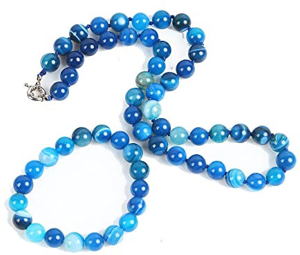 Treasure Bay Women's Necklace Jewellery Set | Stunning 10mm Natural Gemstone Beaded Necklace Bracelet (Blue Agate)