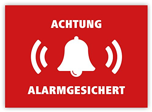 10 Stück - Aufkleber Achtung alarmgesichert (Hinweis auf Alarmanlage, z.B. KFZ, Tresore usw.), rot/weiß, rechteckig, 74x52mm
