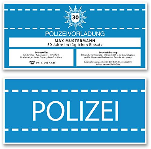 gestaltenlassen.com (30 x) Einladungskarten Geburtstag als Polizei Vorladung Karte Einladungen in Blau