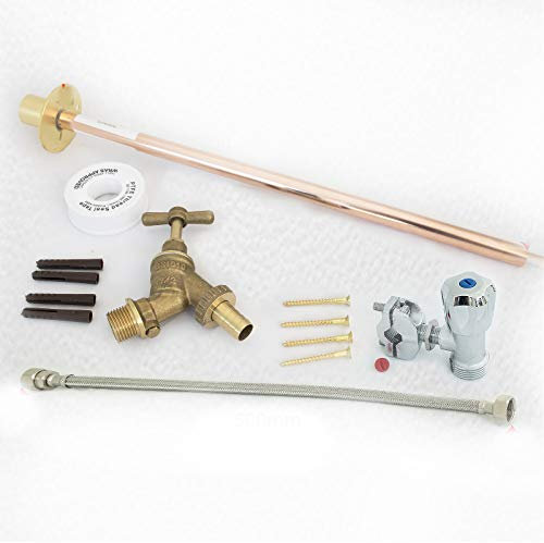 Outdoor Garden DIY Tap Kit Self Cut Brass Extra long 450mm Wall Plate Flange