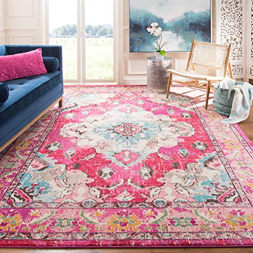SAFAVIEH Boho Teppich für Wohnzimmer, Esszimmer, Schlafzimmer - Monaco Collection, Kurzer Flor, Pink und Multi, 200 x 200 cm