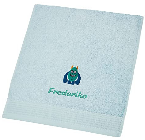 Wolimbo Duschhandtuch Bestickt mit Namen und Motiv - 70x140 cm - hellblau - weiches Duschtuch personalisiert - Geschenk