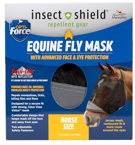 Opti-Force Horse Fly Mask - Insect Shield Repellent UV Protected Clear-View Mesh, Permethrin Treatment, Reflective Night Vis, Lightweight No-Ears Design, Standard Size, Adjustable Straps
