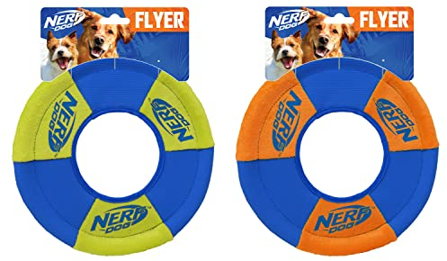Nerf Dog Toss and Tug Ring Hundespielzeug, Fliegende Scheibe, leicht, langlebig und wasserabweisend, 22,9 cm Durchmesser, für mittelgroße/große Rassen, 2er-Pack, grün und orange