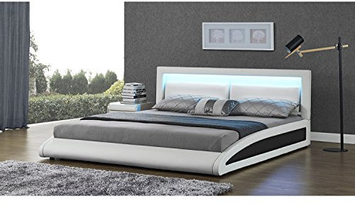 CONCEPT USINE - Lit Brixton Double en Simili Blanc avec LED Intégrées - Couchage 140 x 190 cm - Cadre de Lit 2 Places avec Sommier pour 2 Personnes -Tête de Lit avec LED 4 Couleurs - Design et Élégant