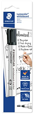 STAEDTLER Whiteboard Marker Lumocolor, schwarz, trocken und rückstandsfrei abwischbar, Rundspitze ca. 2 mm Linienbreite, hohe Qualität Made in Germany, 1 Marker auf Blisterkarte, 351-9 BKDA