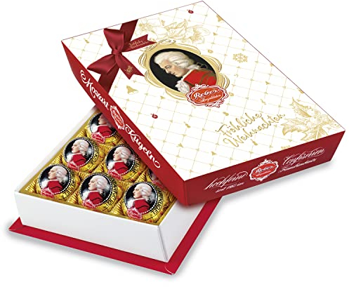 Reber Mozart-Barock – 15er Packung in der Weihnachts-Edition – Echte Reber Mozart-Kugeln aus Zartbitter-Schokolade, Marzipan und Nougat