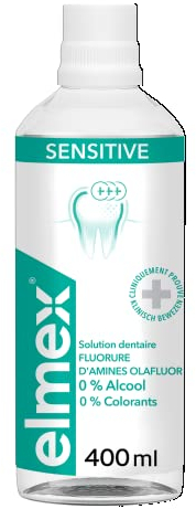 elmex - Bain de Bouche Elmex Sensitive - Formule au Fluorure d'Amines Olafluor - Protection Contre les Douleurs Dentaires - Prévention des Caries du Collet - Haleine Fraîche - 400 ml - Lot de 2