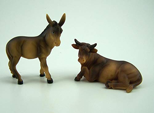 Ochse und Esel, Krippentiere aus Polyresin, bemalt, zu 9 cm Krippenfiguren