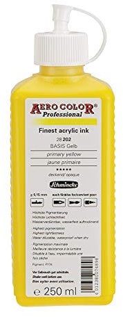 Schmincke - AERO COLOR® Professional, Jaune primaire 250 ml, 28202027, peinture acrylique fluide, riche en couleur pour la peinture acrylique, l'aérographie, les techniques mixtes et l'encre acrylique.