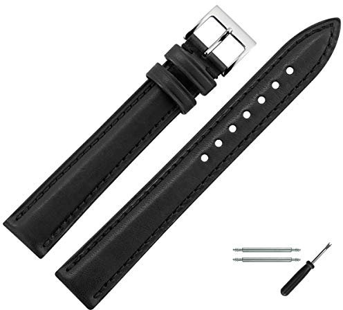 MARBURGER Uhrenarmband 20mm Leder Schwarz Silber XL Glatt Mit Naht - Montage Set 6382010000120