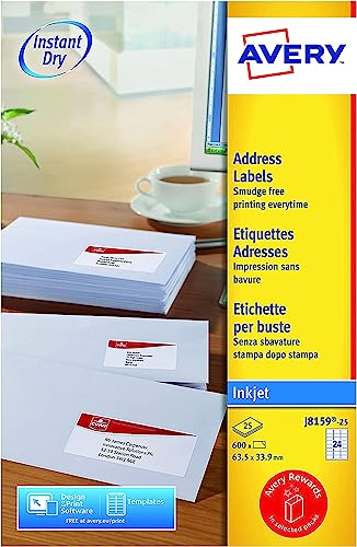 AVERY Zweckform schnelltrocknende Adressetiketten für Tintenstrahldrucker 24 pro Blatt 63,5 x 33,9 mm 600 Etiketten weiß