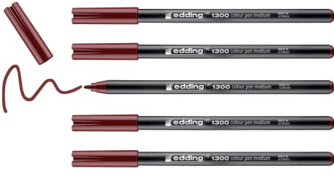 edding 1300 colour pen medium - english red - 5 pens - round nib 2 mm - felt pen for drawing and writing - felt pen for school, mandalas, bullet journals
