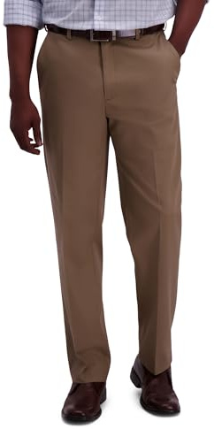 Haggar mens Premium No Iron Khaki Classic Fit Expandable Waist Flat Front dress pants, British Khaki, 32W x 32L US