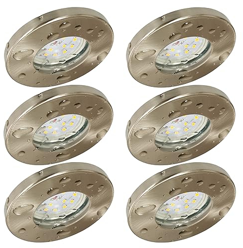 Trango 6er Set IP44 Einbaustrahler 6729IP-062-5WAK Edelstahl gebürstet inkl. 6x 5 Watt GU10 LED Leuchtmittel 3000K warmweiß & Fassung für Bad, Außen, Dusche Einbauleuchte, Badleuchte, Deckenstrahler