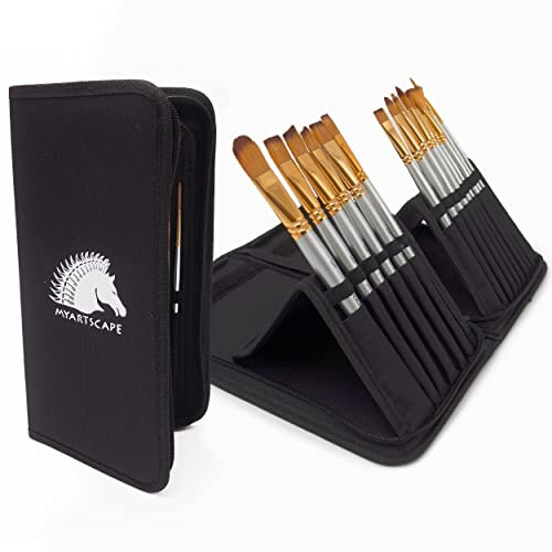 MyArtscape Paint Brushes - 15 Pc Art Brush Set for Watercolor, Acrylic, Oil & Face Painting | Short Handle Artist Paintbrushes with Travel Holder | 1 Year Warranty (Black)