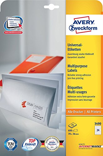 Avery Zweckform 3490 Adressetiketten (A4, Papier matt, 600 Etiketten Premium, 70 x 36 mm) 25 Blatt weiß (600 Etiketten, 70 x 36 mm)