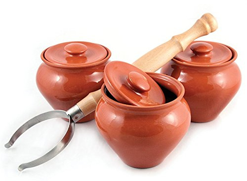 Stoneware Ramekins with Lids Set of 3 & 1 Oven Fork - 16.9 fl oz (500 ml) - Clay Pots for Cooking