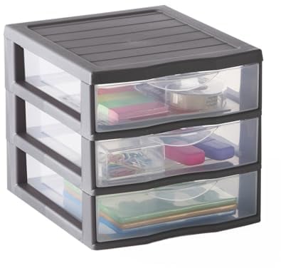 SUNDIS Orgamix, schubladenbox aus Kunststoff, 3 transparente Schubladen im Format A6, Höhe 17 cm, stapelbar, ideal zur Aufbewahrung von Kosmetika, Schmuck, Accessoires, Vorräten
