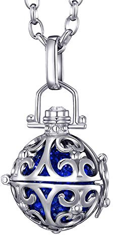 Morella Damen Halskette Edelstahl 70 cm mit Ornament Anhänger und Klangkugel Zirkonia blau Ø 16 mm in Schmuckbeutel