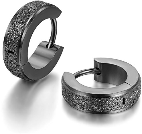 JewelryWe Schmuck Herren Damen Ohrringe, Edelstahl, Sandgestrahlt Creolen Hoop Huggie Ohrstecker, Schwarz