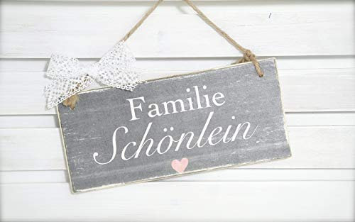 Türschild, Familienschild für die Haustür mit Namen aus Holz, Personalisiertes Geschenk in Grau und Weiß