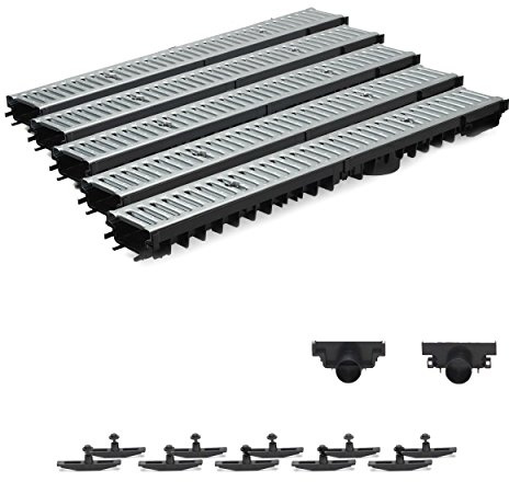 5m Entwässerungsrinne Terrassenrinne Stahlrost verzinkt komplett SET, System A15 70mm, NEUHEIT Rinne mit integrierter Dichtung Klick System