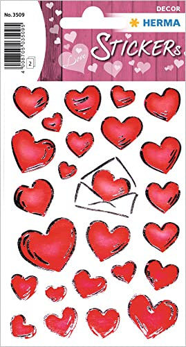 HERMA 3509 Aufkleber Herzen Rot klein, 50 Stück, Herz Sticker mit Silber Prägung, Etiketten in Herzform für Valentinstag Liebe Hochzeit Geburtstag Scrapbooking Dekoration Geschenk Briefe DIY Basteln