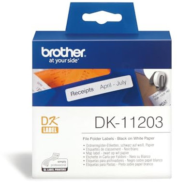 Brother DK-11203 Label Roll, File Folder Labels, Black on White, 300 Labels, 17 mm (W) x 87 mm (L), Brother Genuine Supplies