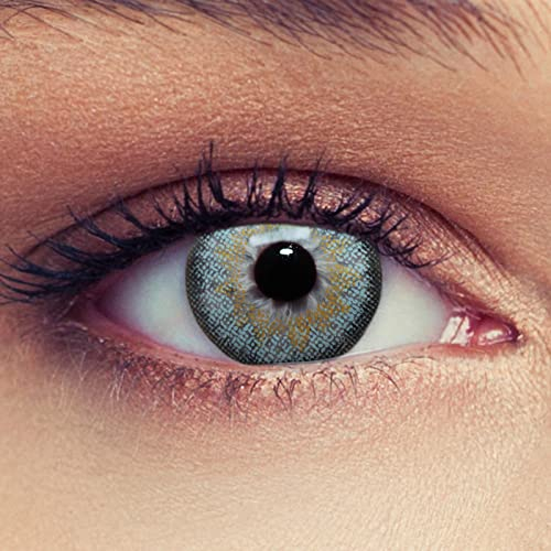 DESIGNLENSES, blaue farbige Kontaktlinsen mit Stärke für einen natürlichen Effekt, 1 Paar (2St), Monatslinsen geeignet für dunkle Augen + Gratis Behälter -2,50Dimension Sky