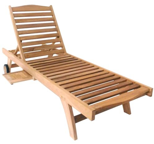 Charles Bentley Wooden Teak Sun Lounger, 4 Reclining Positions, Slide-Out Table & Wheels, Sustainable Hardwood for Garden & Patio (H35 x L202 x W65cm)